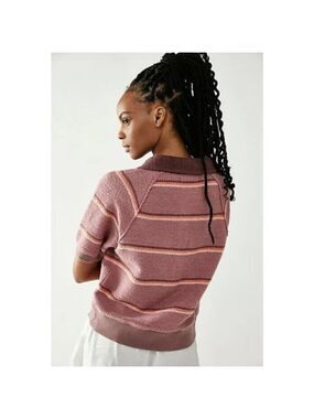 Free People We the Free Suns Out Striped Purple Polo Short Sleeve Top Size Large